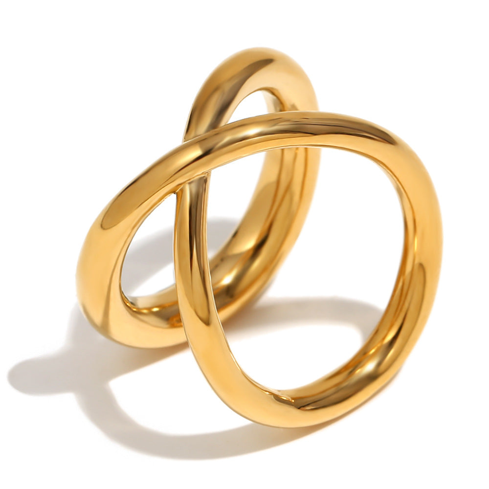 Simple Niche Design All-Match Hand Jewelry Stainless Steel Plated 18K Gold Gold Cross Line Double Layer Ring