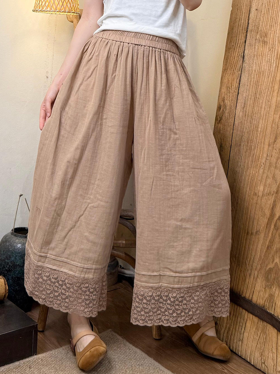 Women Summer Artsy Lace Hem Cotton Wide-leg Pants