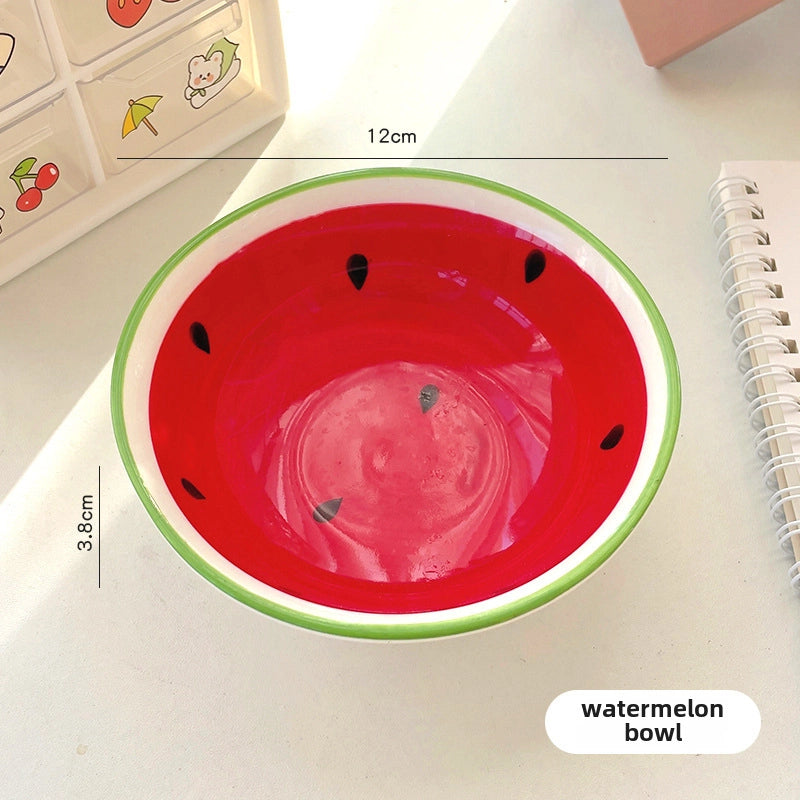Strawberry Watermelon Cute Ceramic Bowl Long Handle Spoon Tableware Children's Cartoon Rice Bowl Soup Bowl Internet Celebrity Tableware