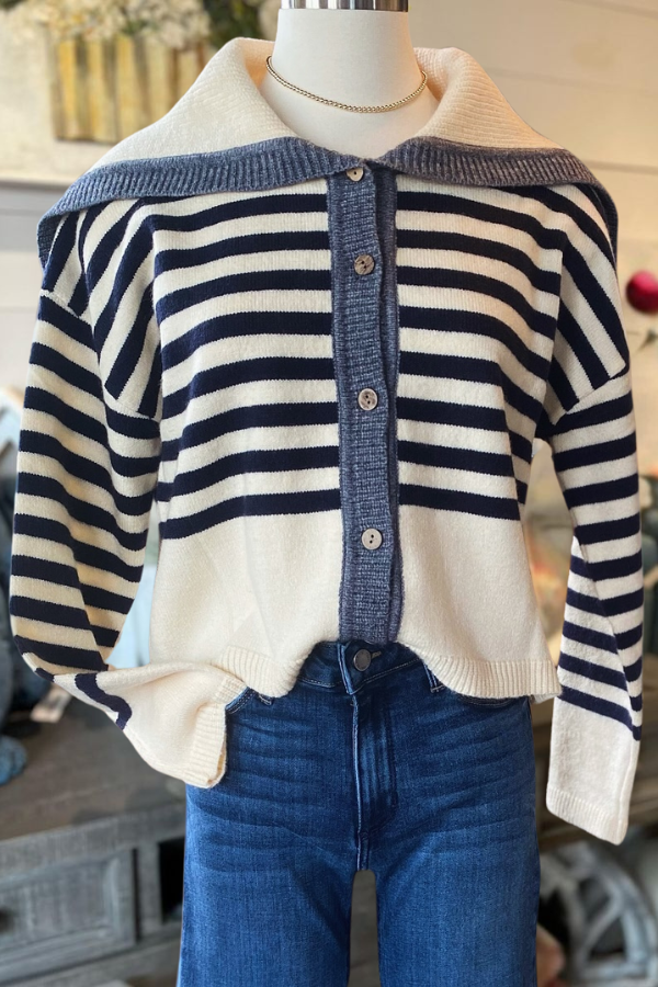 Striped Collar Shawl Cardigan Sweater