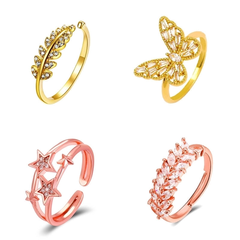 New Style Copper Inlaid Zircon Butterfly Star Leaf Opening Ring