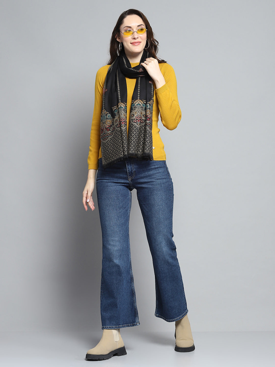 Women Black Self Design Stole