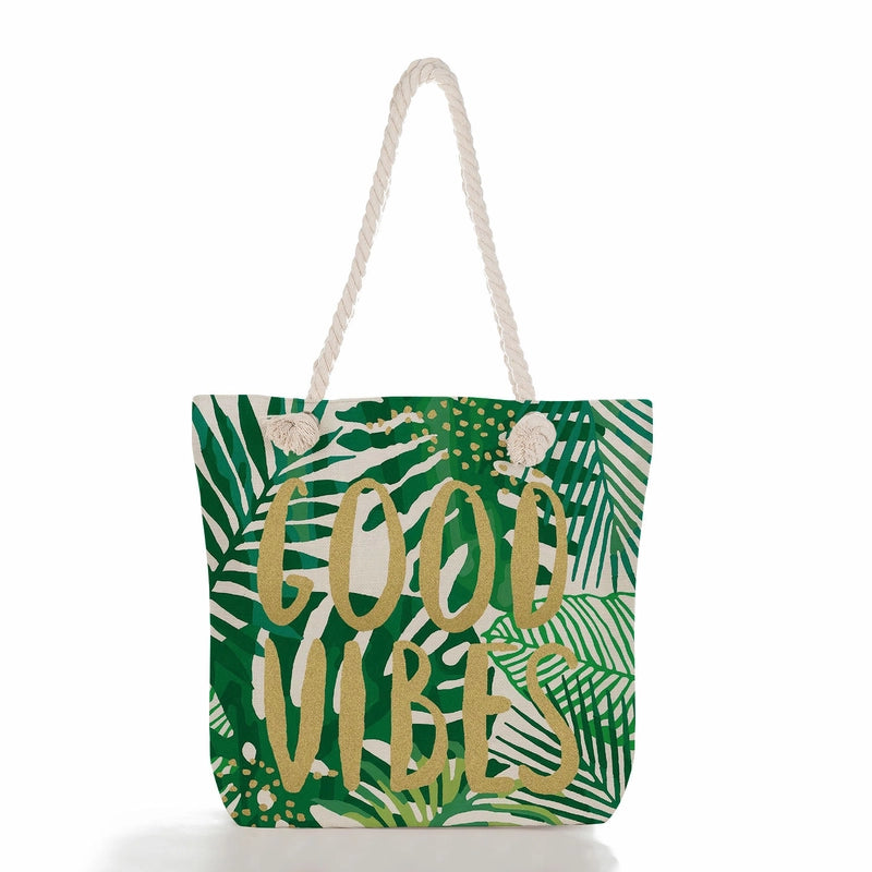 Green Leaf Printed Cotton Rope Bag Large Capacity Shoulder Bag Student Book Tote Bag Printable Logo