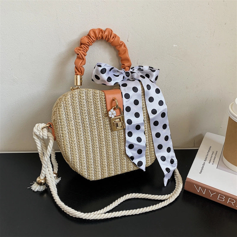 Women's Medium Straw Solid Color Vacation Beach Ribbon Weave Lock Clasp Straw Bag