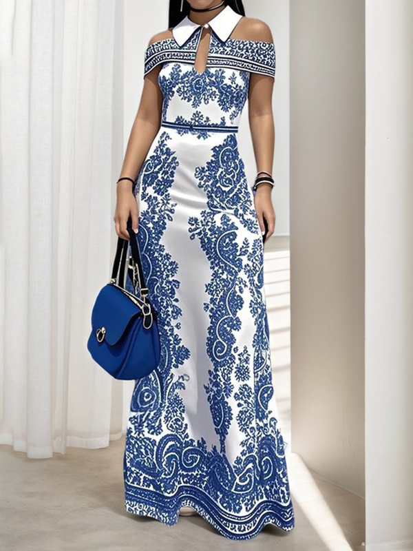 Bodycon High Waisted Flower Print Hollow Cold Shoulder Maxi Dresses