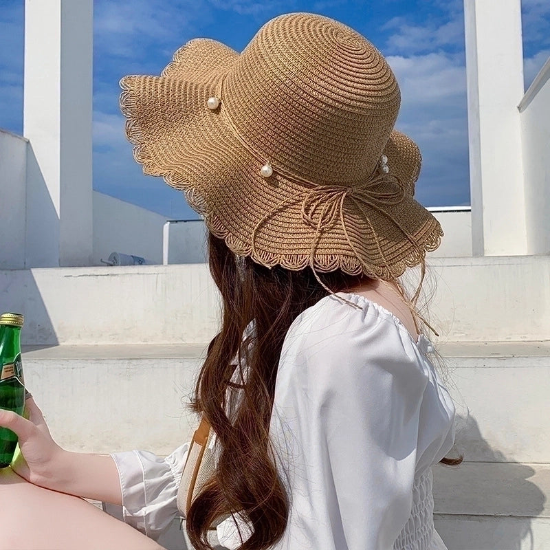 Women's Sweet Pastoral Color Block Bowknot Side Of Fungus Straw Hat
