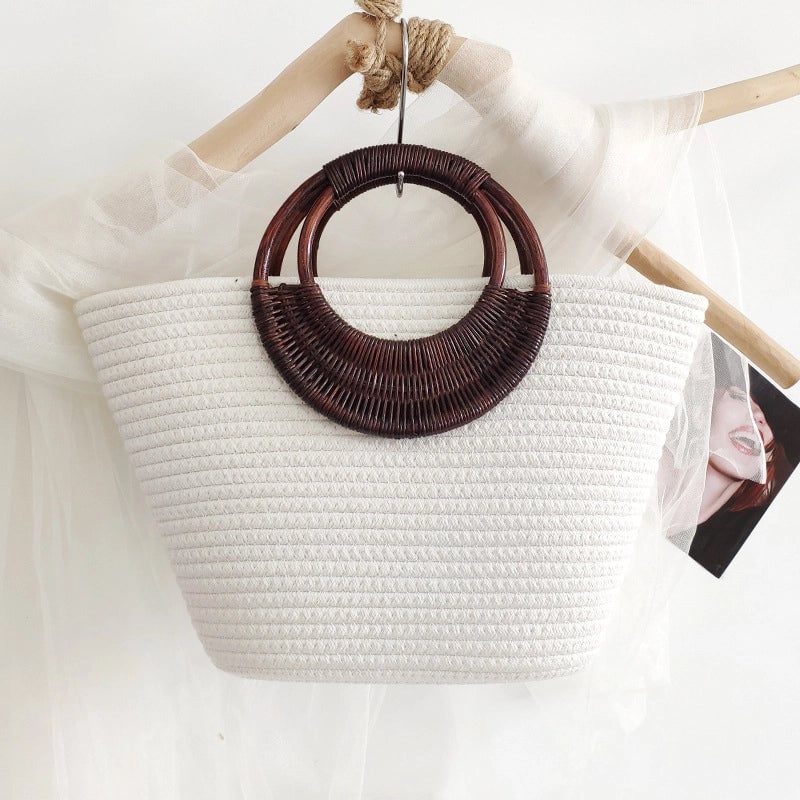 3 Pieces Women's Large Cotton Solid Color Beach Weave Bucket Open Beach Bag