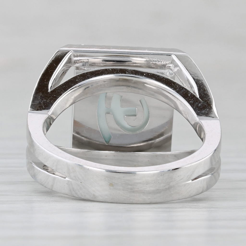 Blue Topaz Mother of Pearl Diamond Ring 18k White Gold Size 6.5