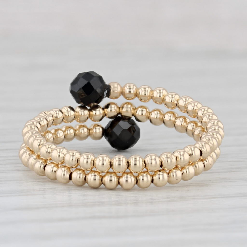 New Black Glass Bead Bypass Ring 14k Yellow Gold Adjustable Size 8