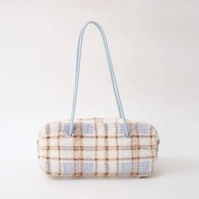 Women's Fur Lattice Plaid Streetwear Pillow Shape Zipper Underarm Bag
