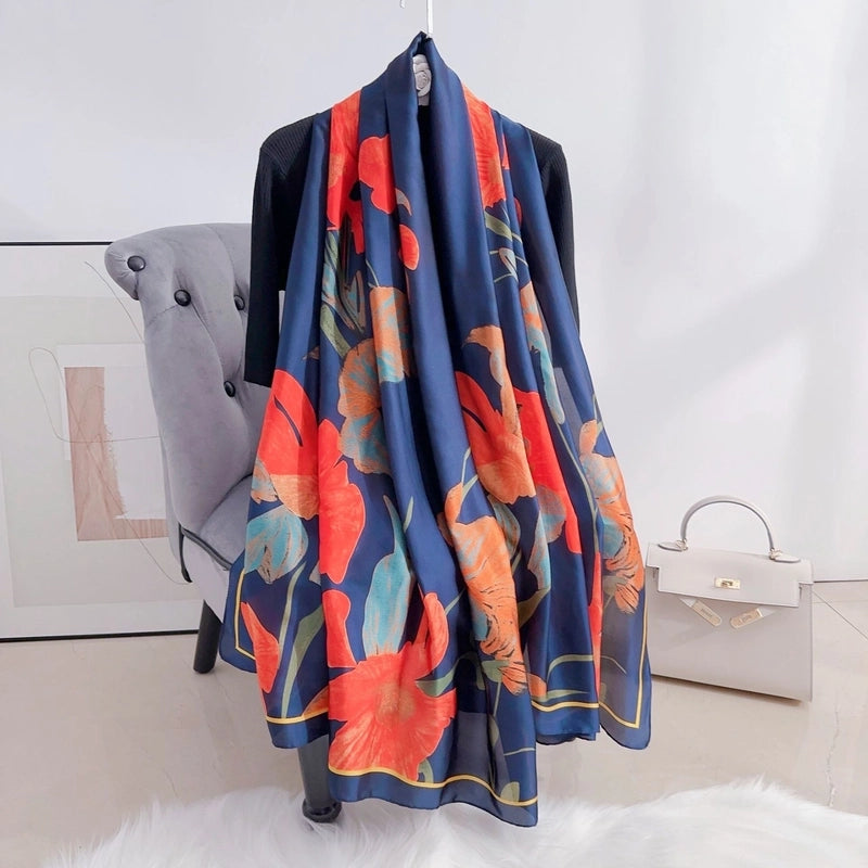 Silk Scarf Women's Spring And Autumn Fashion Printed Silk Elegant Scarf Thin Shawl Office Outer Warming Scarf
