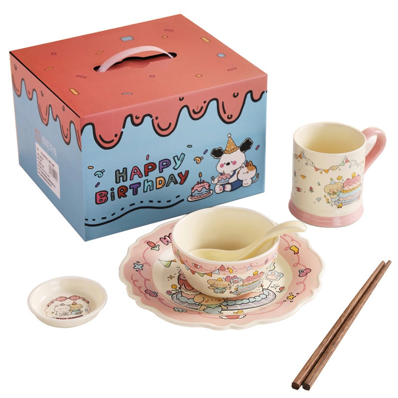 Cute Cartoon Ceramics Plate Bowl Mug 1 Set