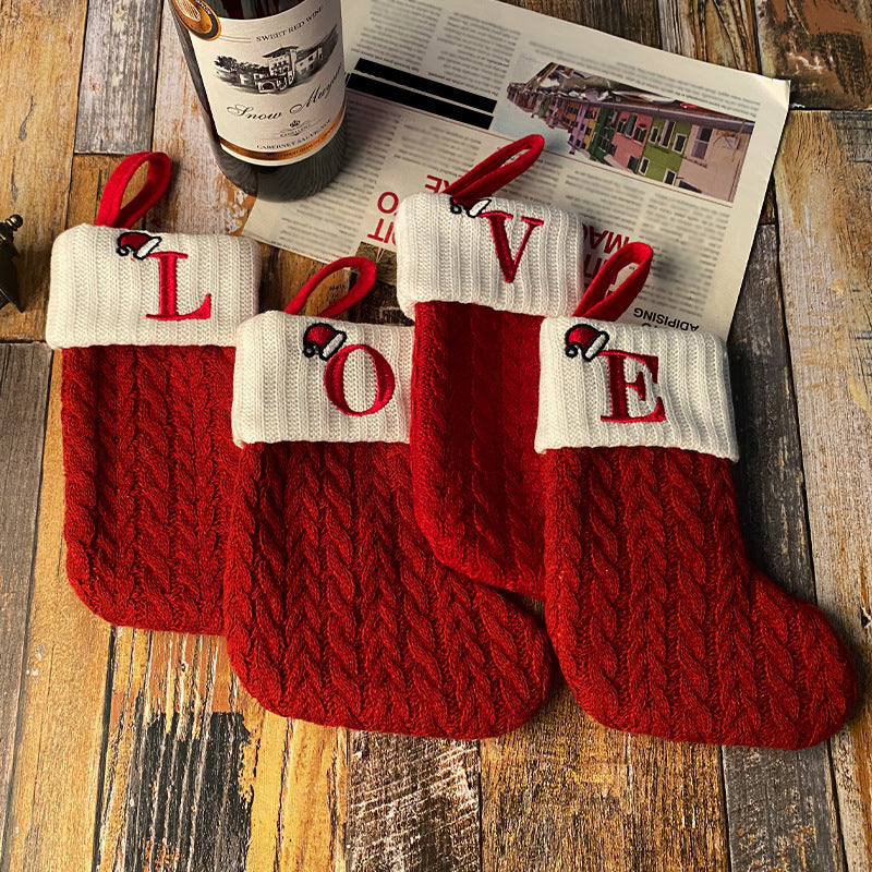 Cozy Knit Socks, Embroidered Candy Gift Bag, Letter Christmas Stocking