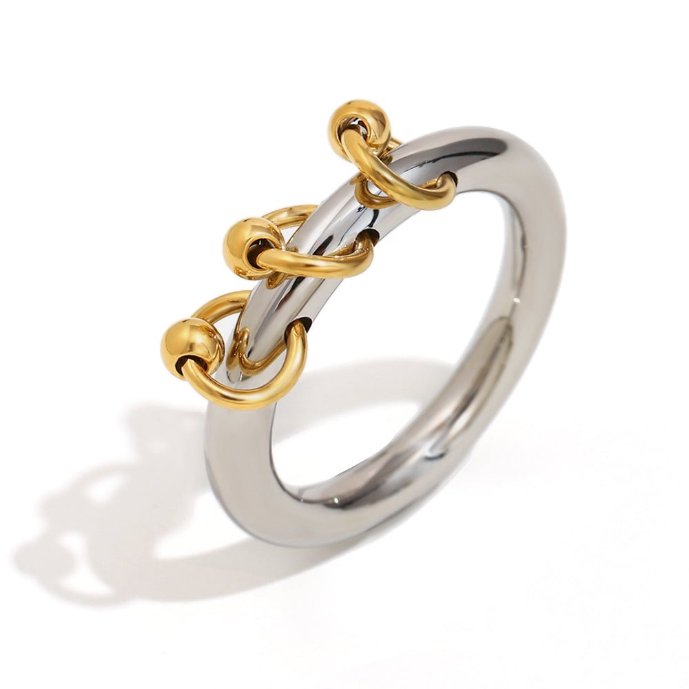 Fashionable Stainless Steel 18K Gold Plated Cross Zircon Five-Pointed Star Round Bead Braided Three-Layer Ring