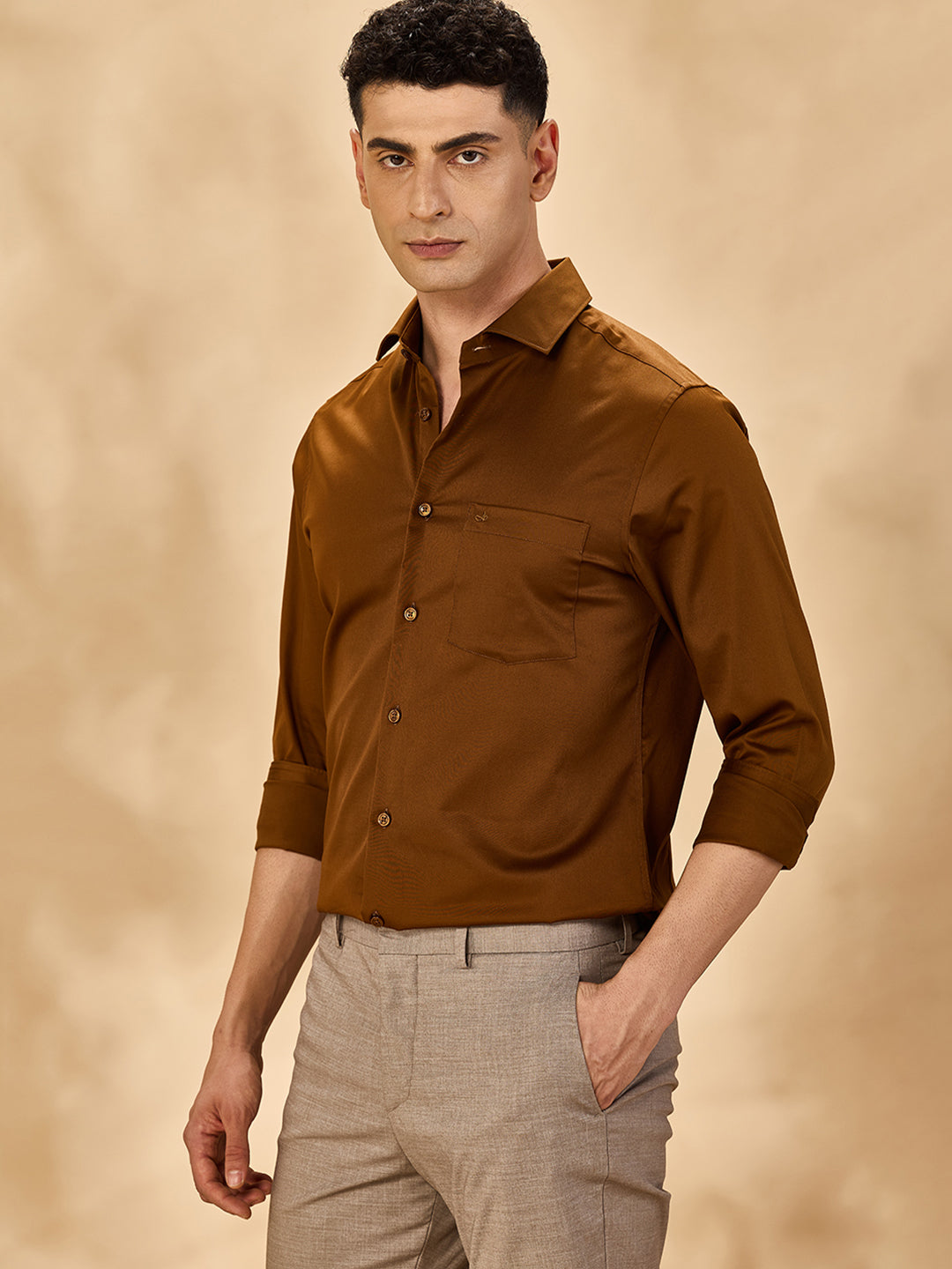 Men Satin Stretch Formal Golden Shirt (STEVE)