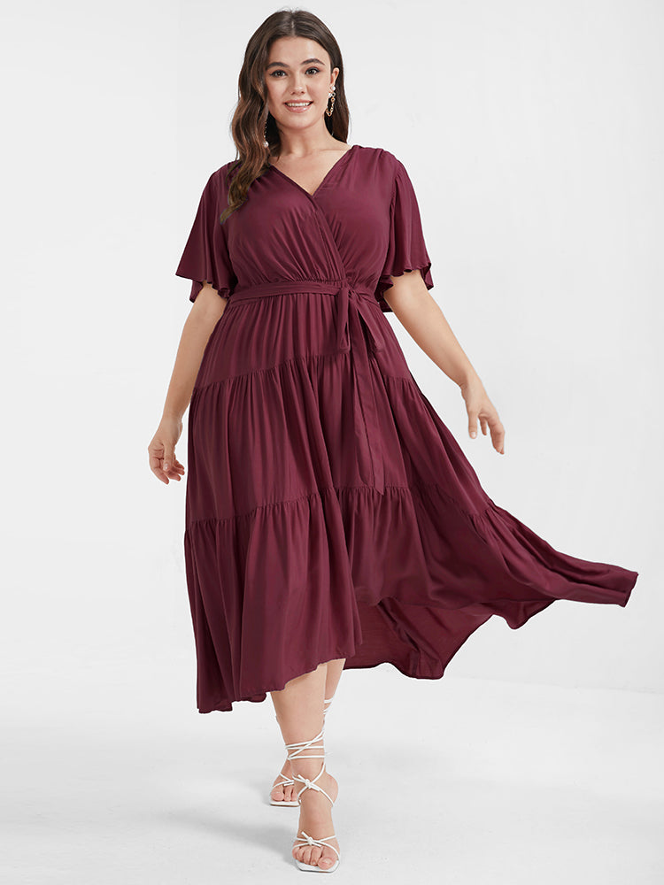 Solid Button Pocket Belted Ruffles Wrap Midi Dress