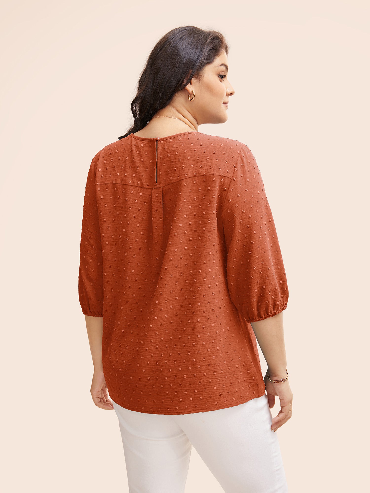 Texture Round Neck Pleated Lantern Sleeve Blouse