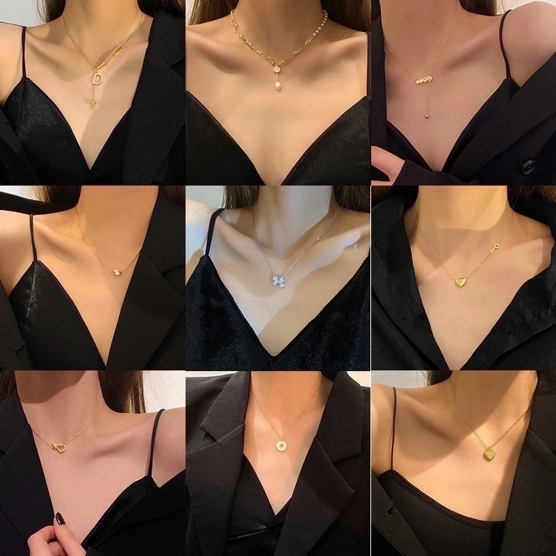 Elegant Minimalist Geometric Titanium Steel Plating Inlay Artificial Pearls Shell Zircon Necklace
