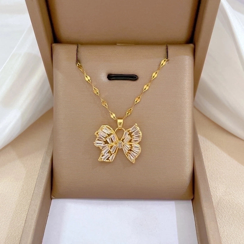 Minimalist Butterfly Titanium Steel Copper Plating Inlay Zircon Pendant Necklace