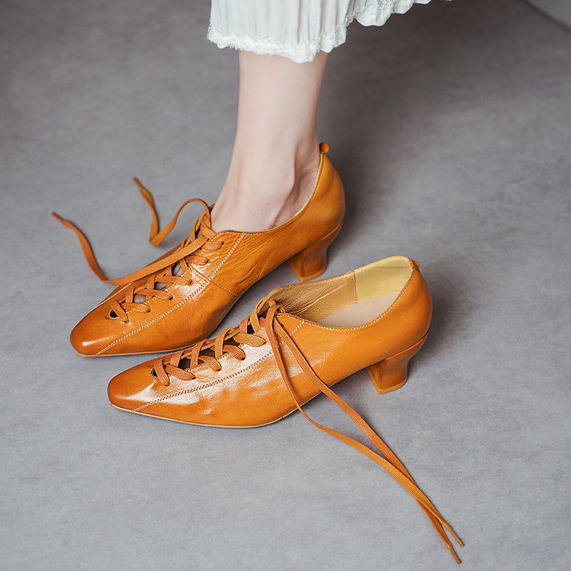 Elegant 60mm Kitten Heel Pointed Toe Handmade Leather Lace-Up Pumps in Yellow/Blue/Black