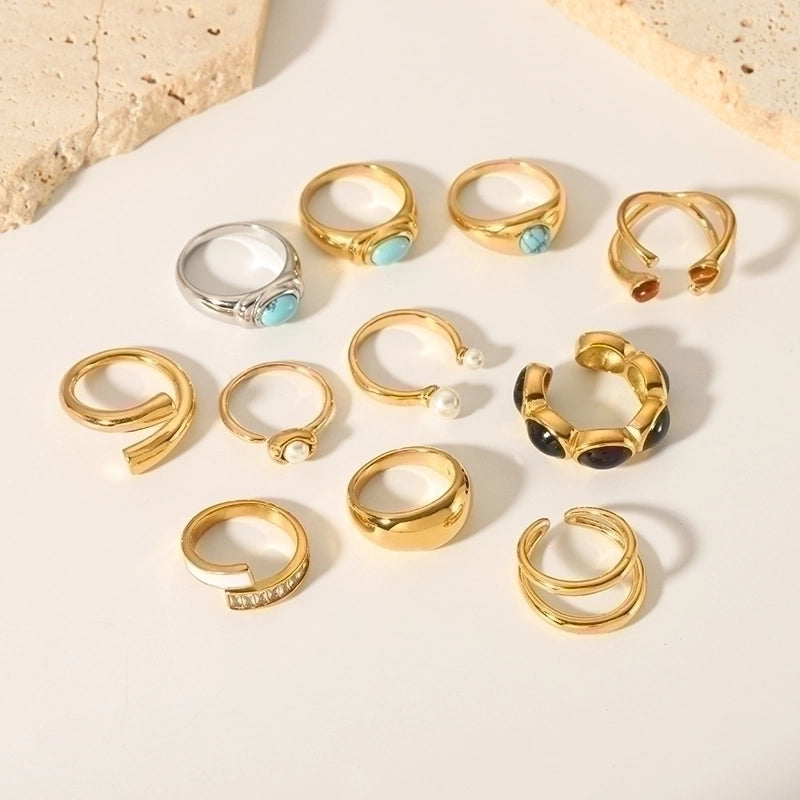 IG Style Retro Geometric 304 Stainless Steel Natural Stone Rhinestones Zircon 18K Gold Plated Polishing Plating Inlay Rings
