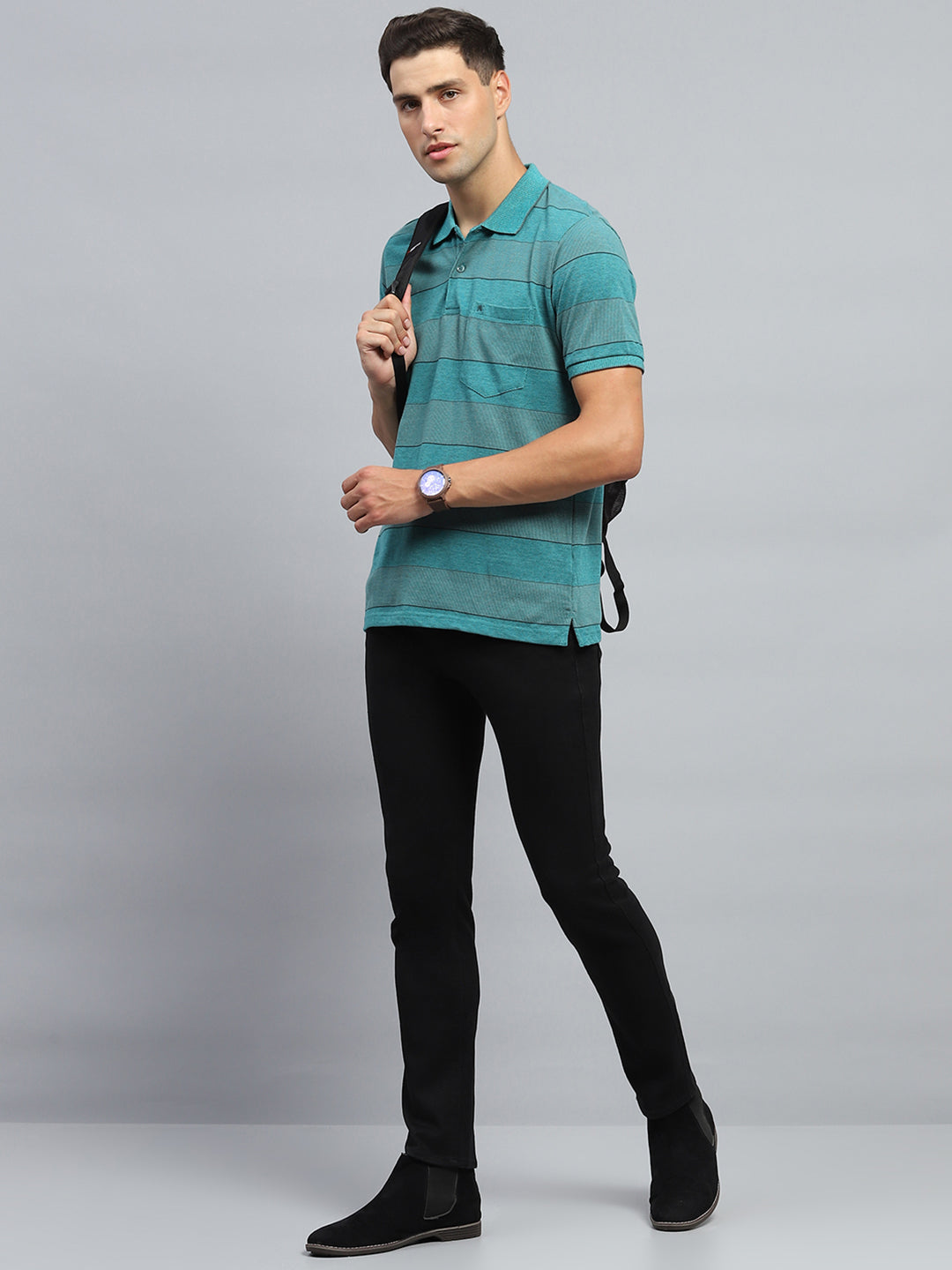 Men Green Stripe Collar Half Sleeve T-Shirt