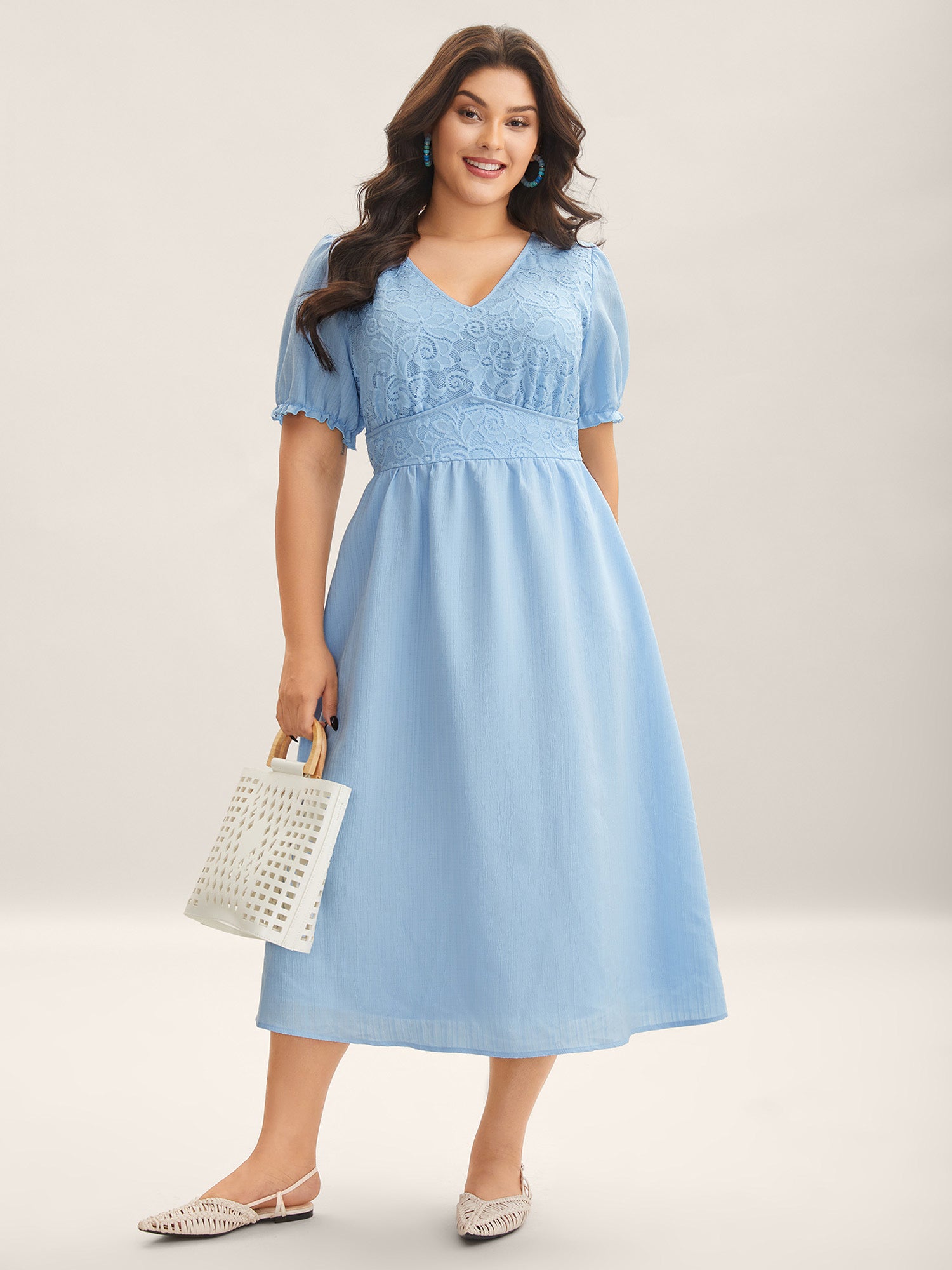V Neck Textured Lace Midi Dress