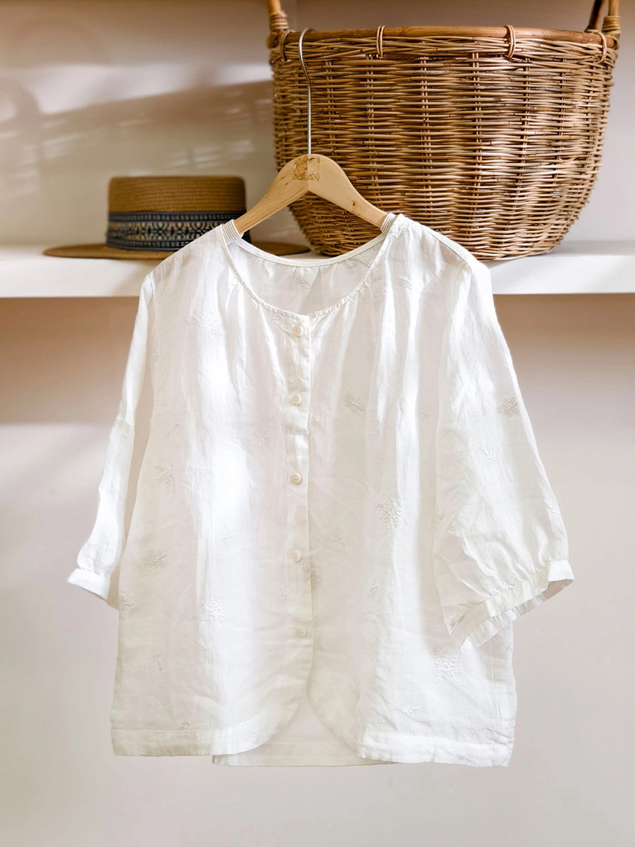 Women Summer Vintage Pure Color O-Neck 100%Ramie Shirt