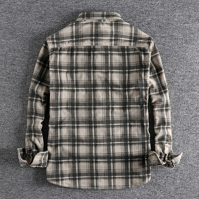 Vintage Washed Corduroy Plaid Long-Sleeved Shirt