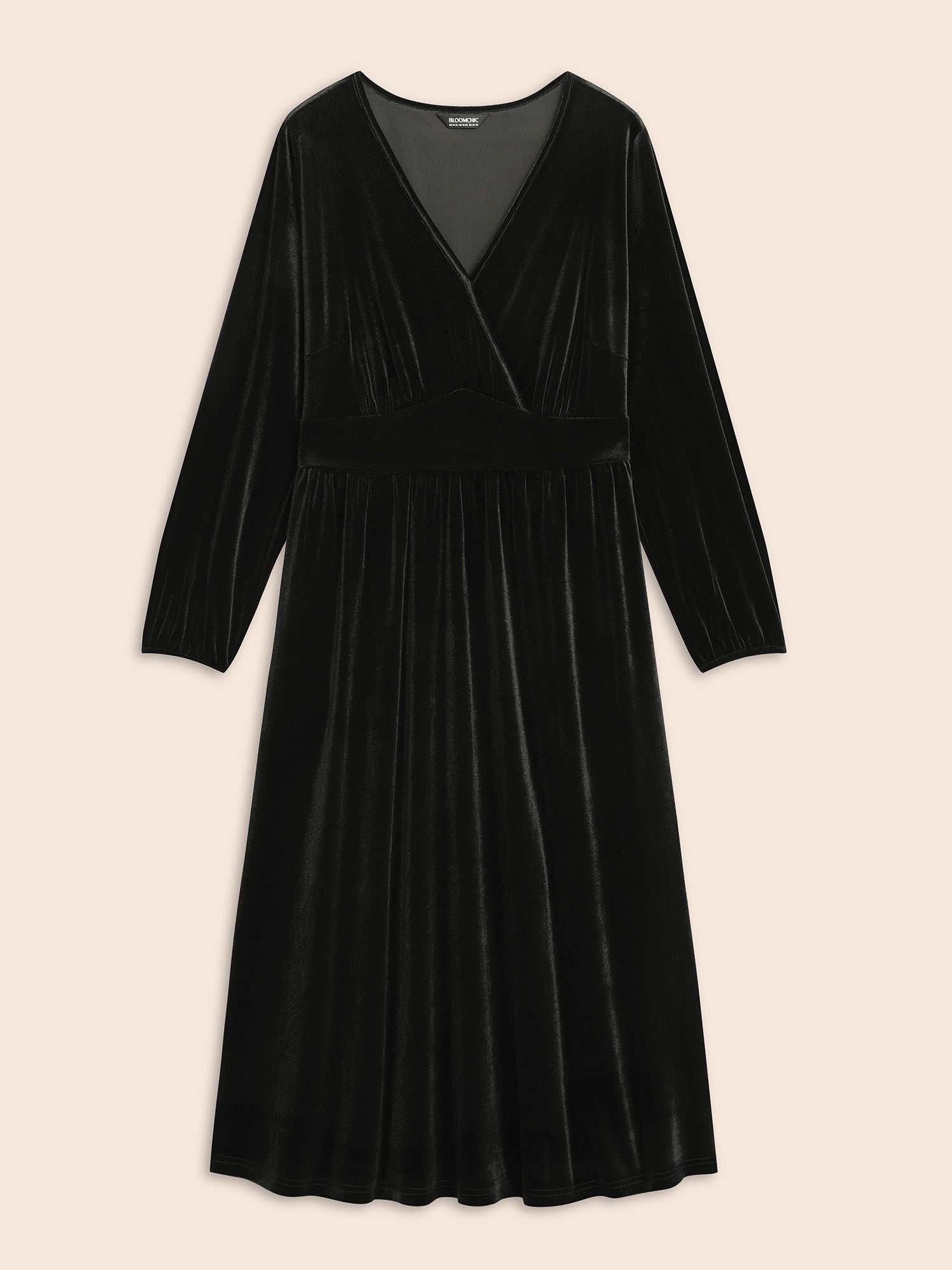 Velvet Overlap Collar Shirred Gathered Dress