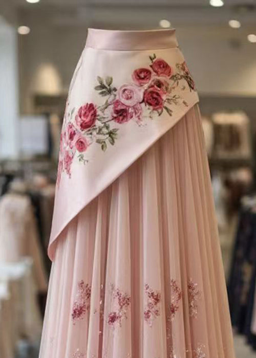 Beautiful Pink Print Wrinkled Tulle Patchwork Skirt Summer