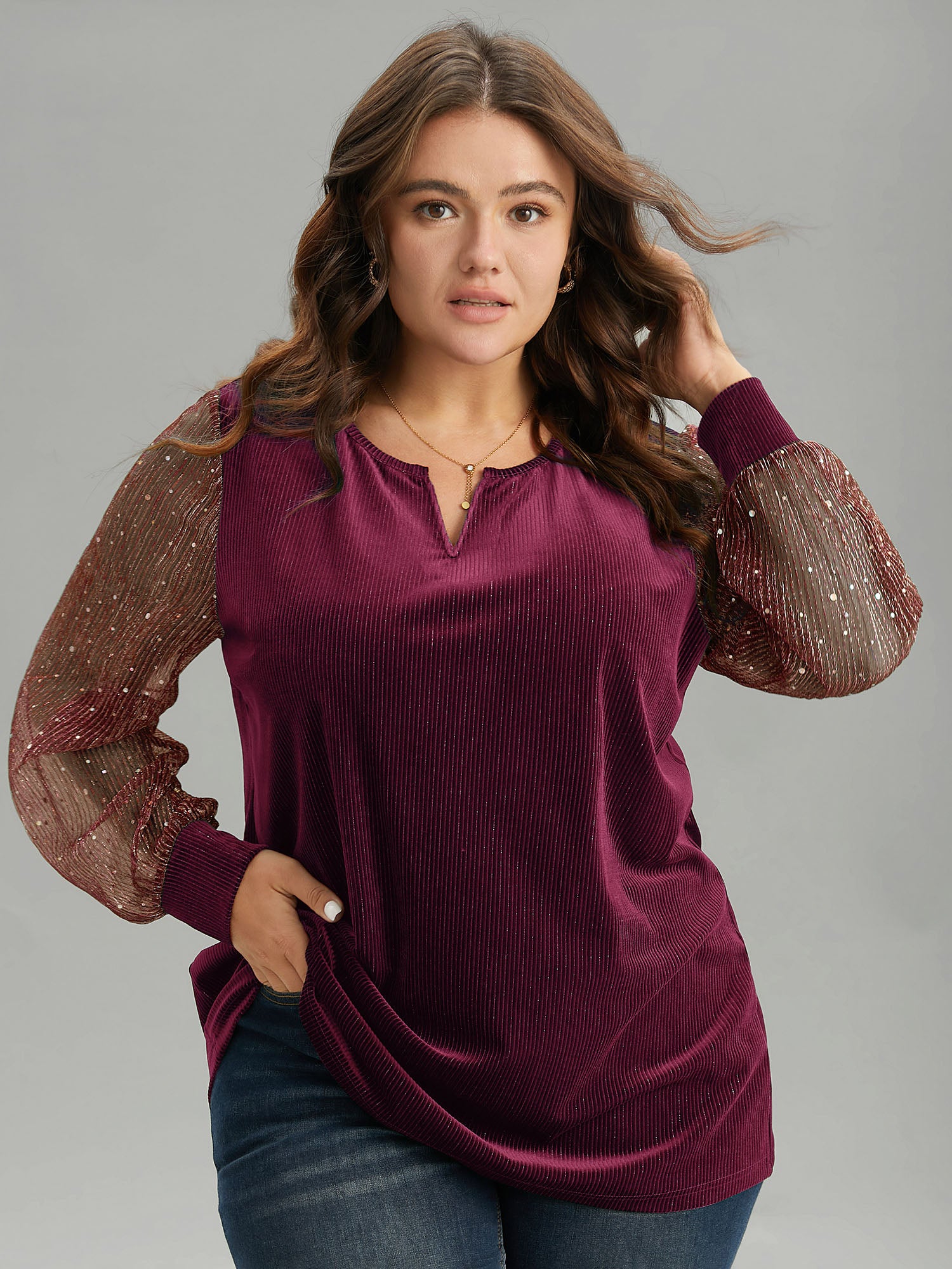 Velvet Patchwork Mesh Sequin Notched T-shirt