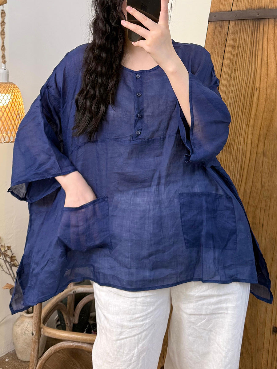 Women Summer Artsy Pure Color Ramie O-Neck Shirt