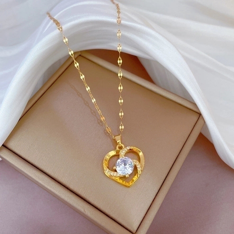 2 Pieces Minimalist Classic Style Geometric Heart Shape Titanium Steel Copper Zircon Pendant Necklace In Bulk