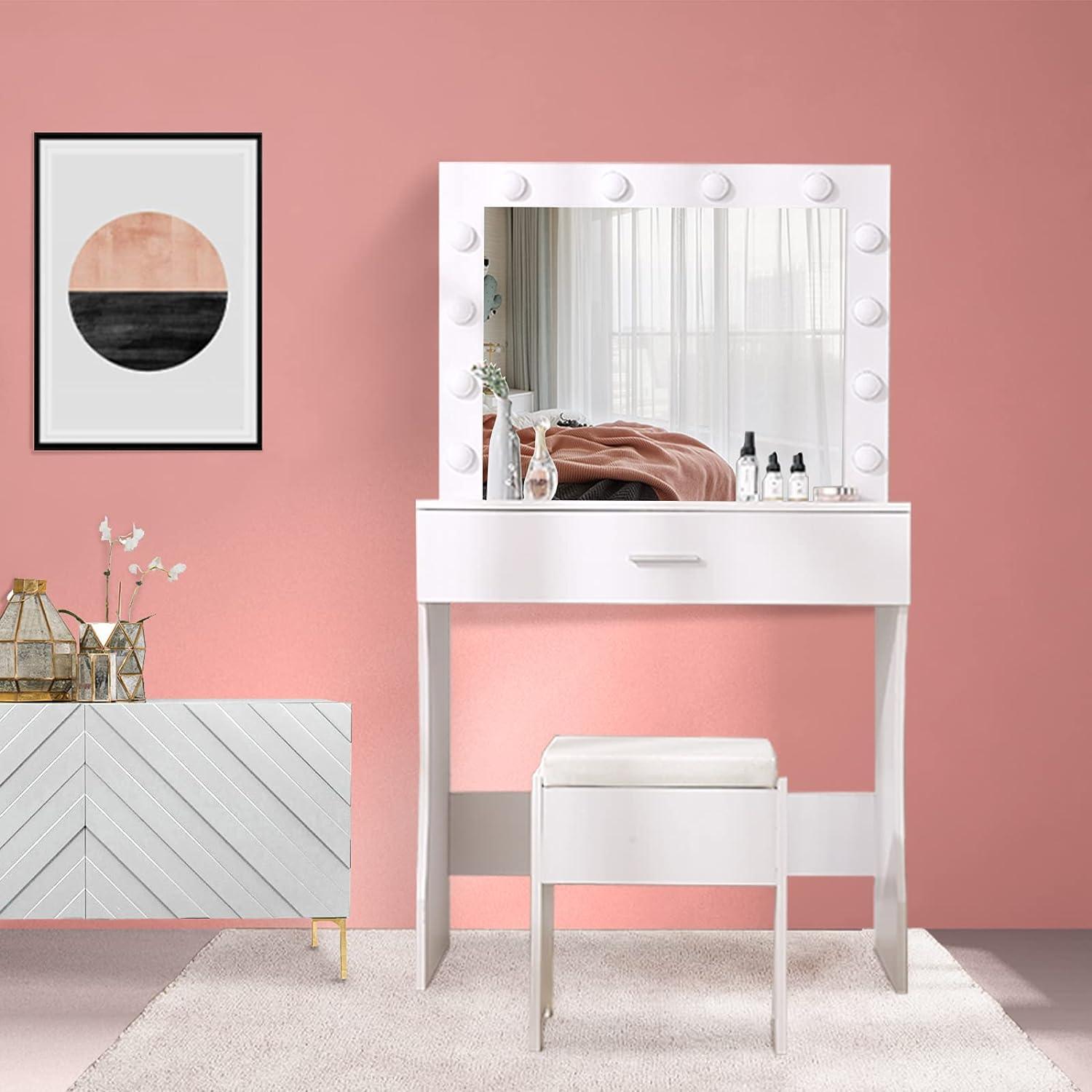 Vanity Table Set with Lighted Mirror - Makeup Vanity with Charging Station