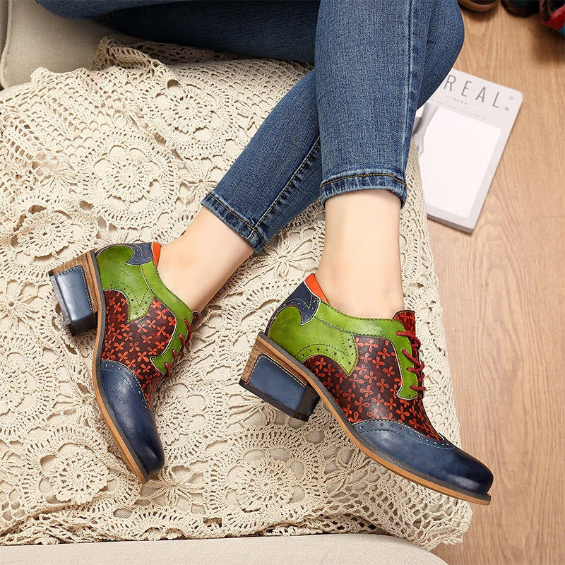 Women Fashion Brogue Oxfords With Printing Lace-up Shoes in Blue