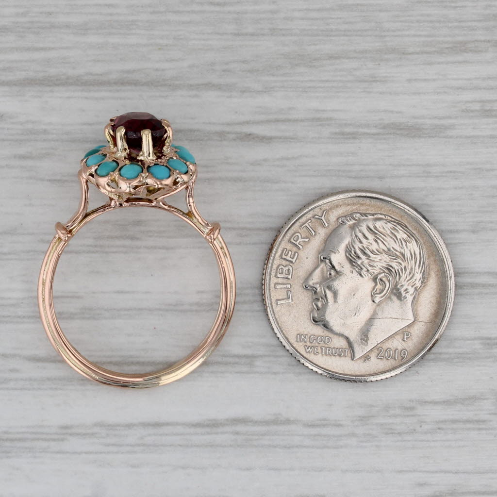 Vintage Rhodolite Garnet Turquoise Halo Ring 12k Rose Gold Size 5