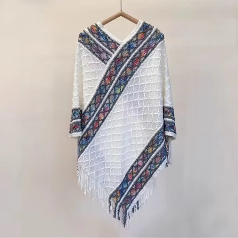 Rainbow Plaid Ethnic Style Cashmere-like Tassel Knitted Shawl For Women New Versatile Travel Warm Pullover Cape Manufacturer