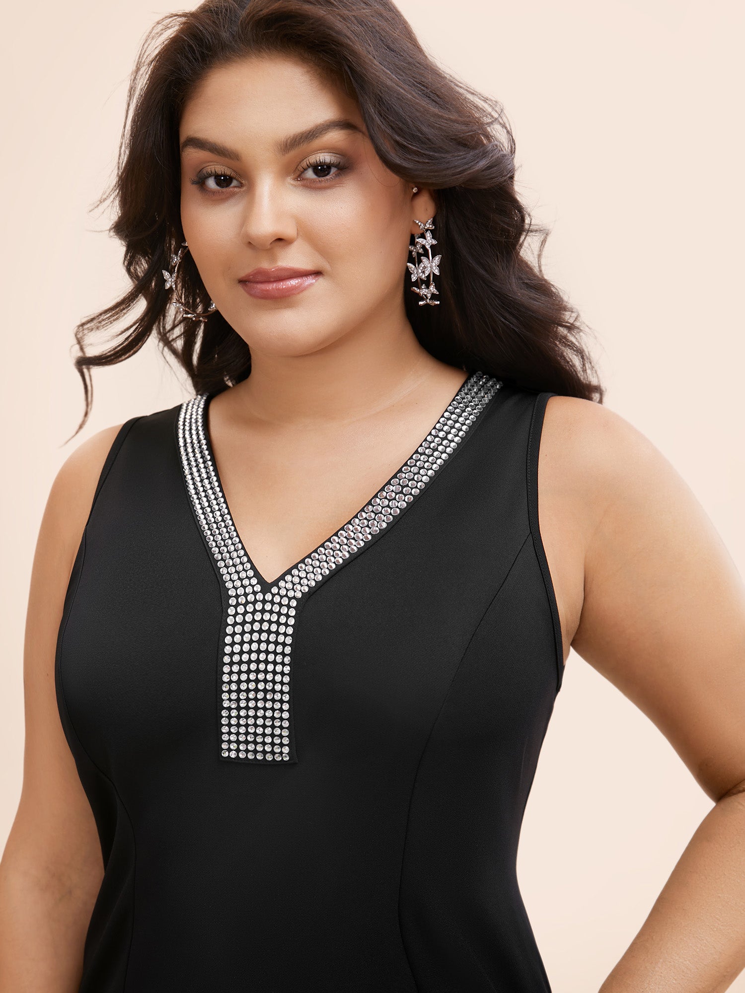 Rhinestone V Neck Split Hem Dress