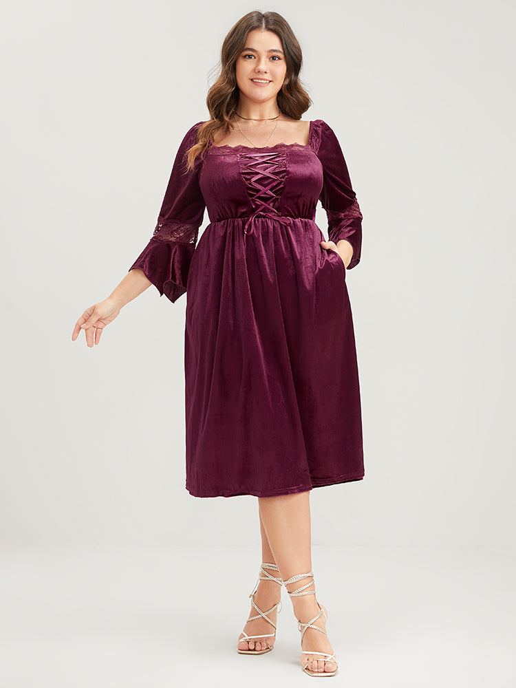 Halloween Solid Velvet Bell Sleeve Pocket Contrast Lace Ties Midi Dress