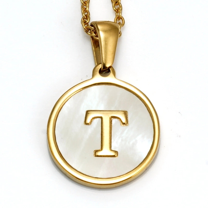 Elegant Round Letter Titanium Steel Inlaid Shell Necklace