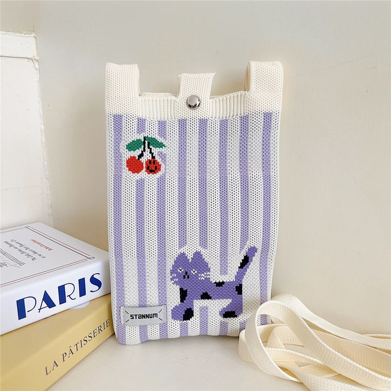 Women's Small Knit Cartoon Cute Bucket Lock Clasp Phone Wallets