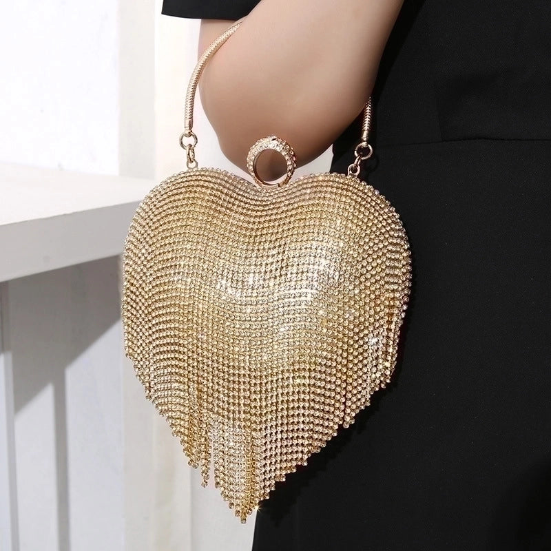 Silver Black Gold Pu Leather Heart Shape Tassel Heart-shaped Evening Bags