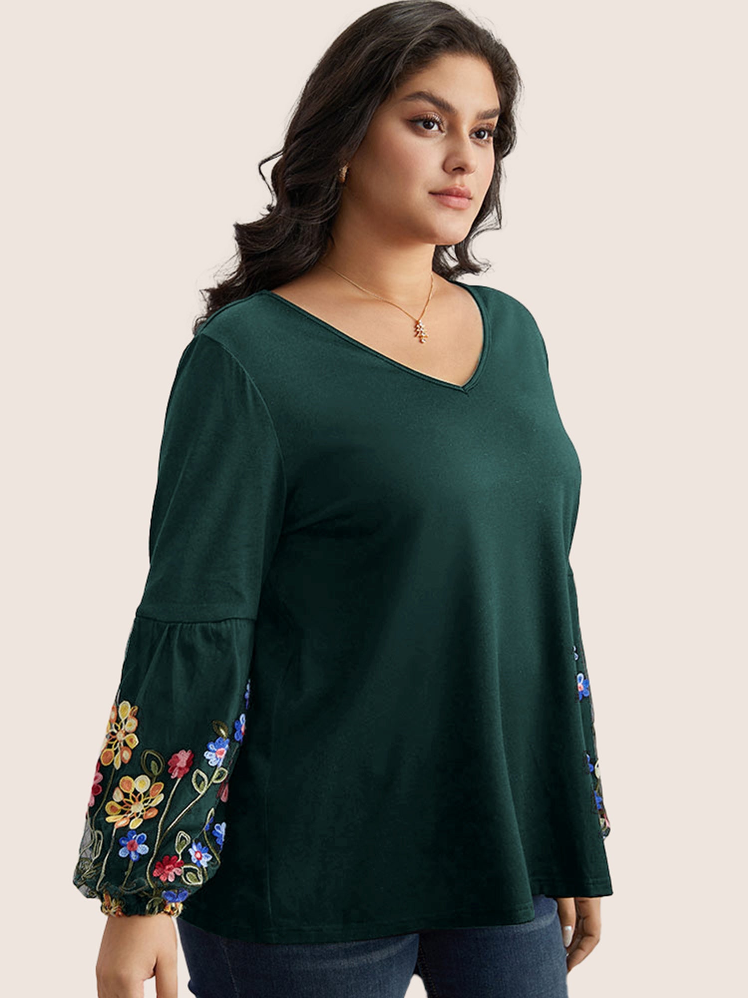 Floral Embroidered Lantern Sleeve T-shirt