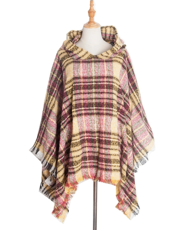 Direct New Cape Europe And The United States Spring And Autumn And Winter New Barbed Wool Pullover Plaid Hat Cape Shawl