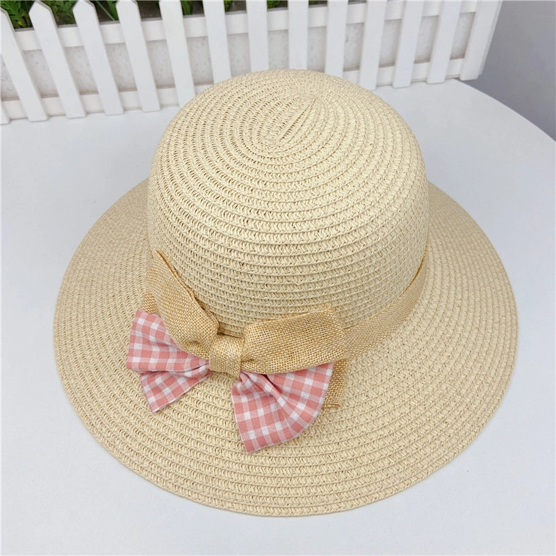 Summer Plaid Bow Straw Fisherman Hat Shade Travel Straw Hat