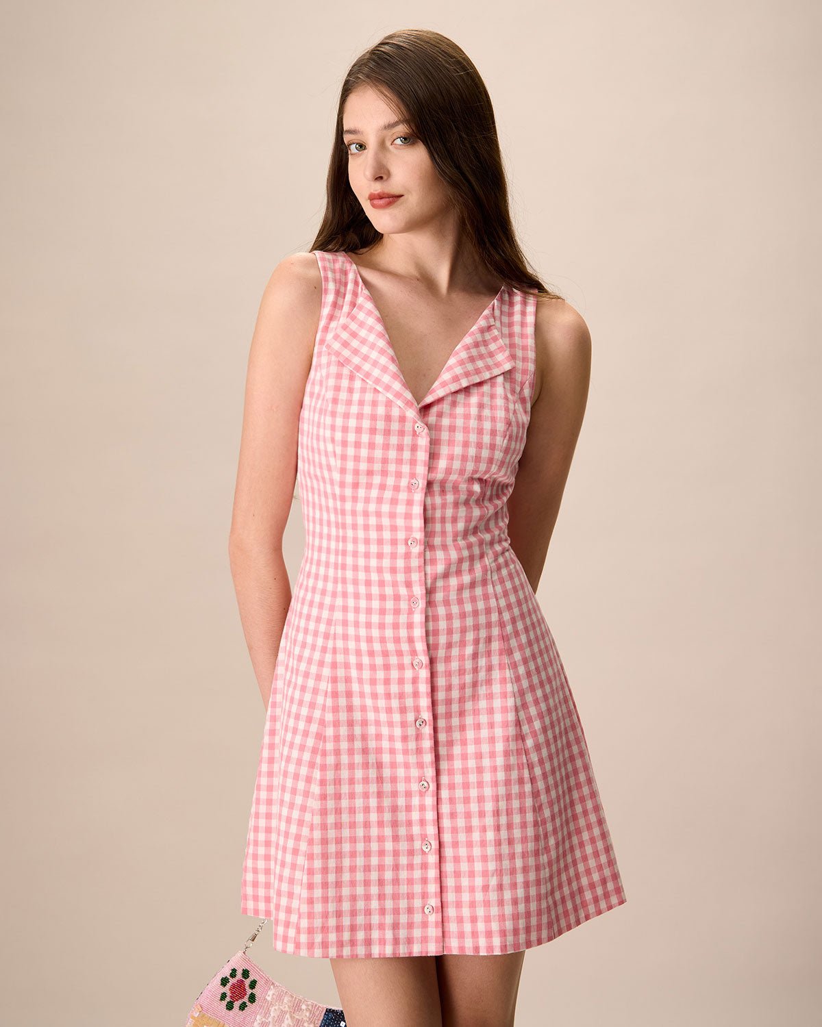 Women's Pink V-Neck Plaid Cotton Mini Dresses