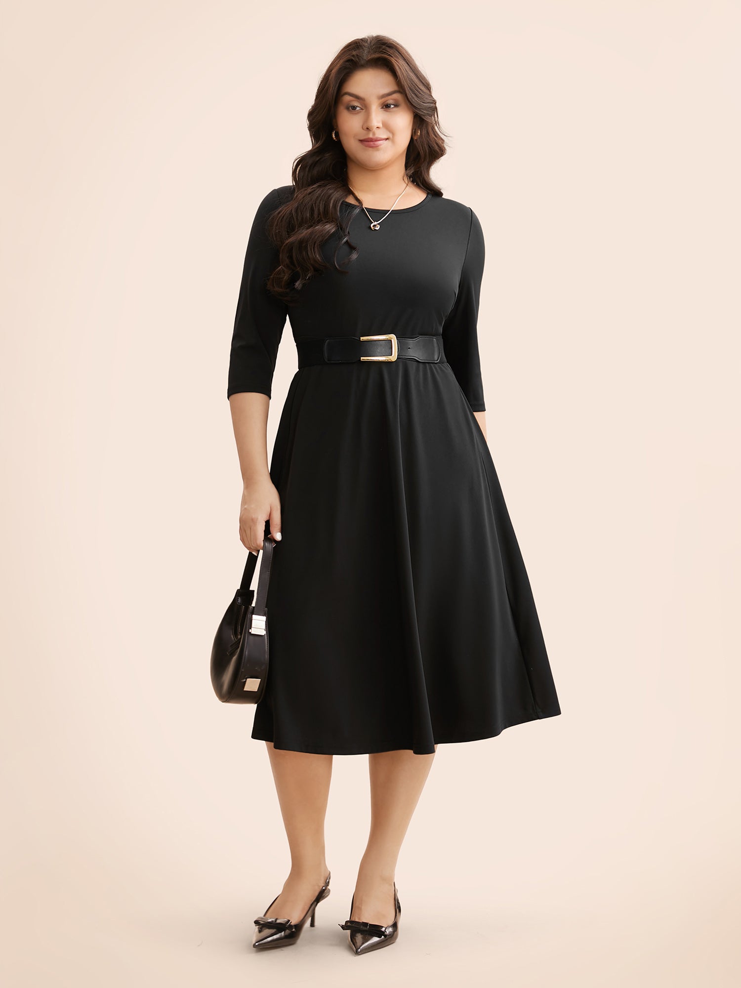 Solid Round Neck Shirred Midi Dress