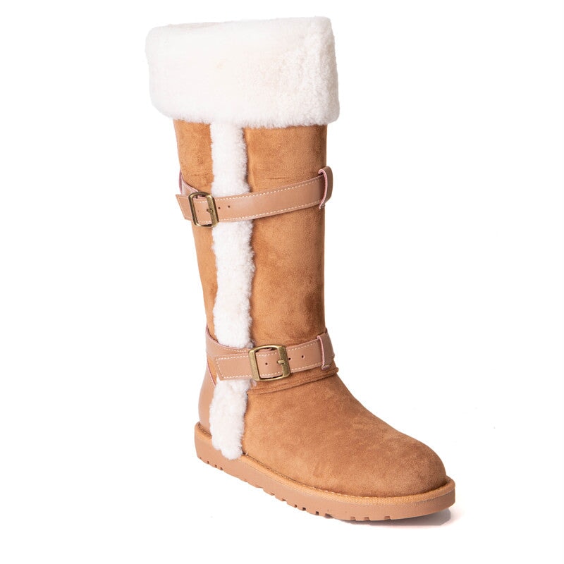 Foldable Suede Leather Knee High Snow Boots with Double Buckles in Brown/Black