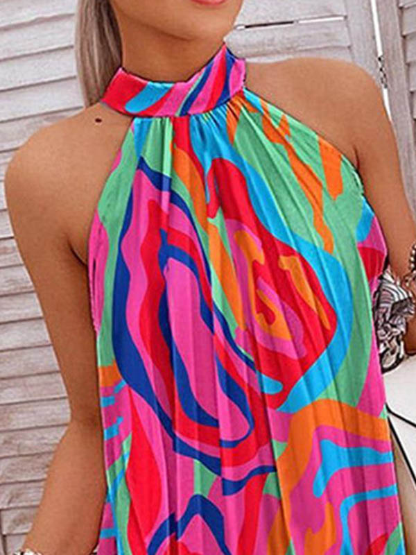 Loose Plus Size Pleated Printed Halter-Neck Mini Dresses Short Dresses